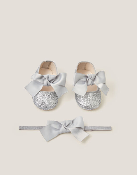 Baby Bow Glitter Headband & Booties Set, Silver (SILVER), large