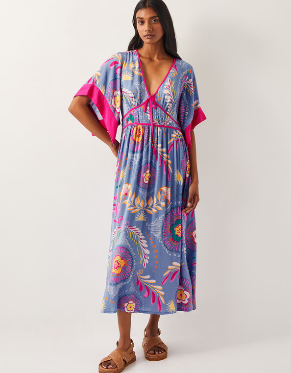 Monika Short Sleeve Floral Print Midi Dress, Blue (BLUE), large