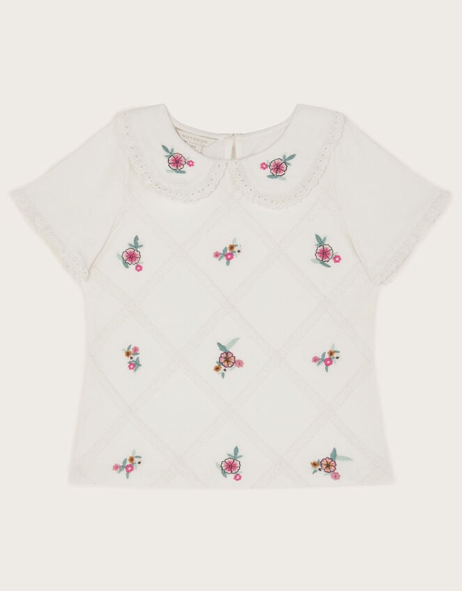 Floral Embroidered Collar T-Shirt, Ivory (IVORY), large