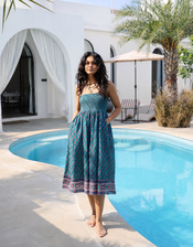 Dilli Grey Kaya Smocked Block Print Midi Skirt, Teal (TEAL), large