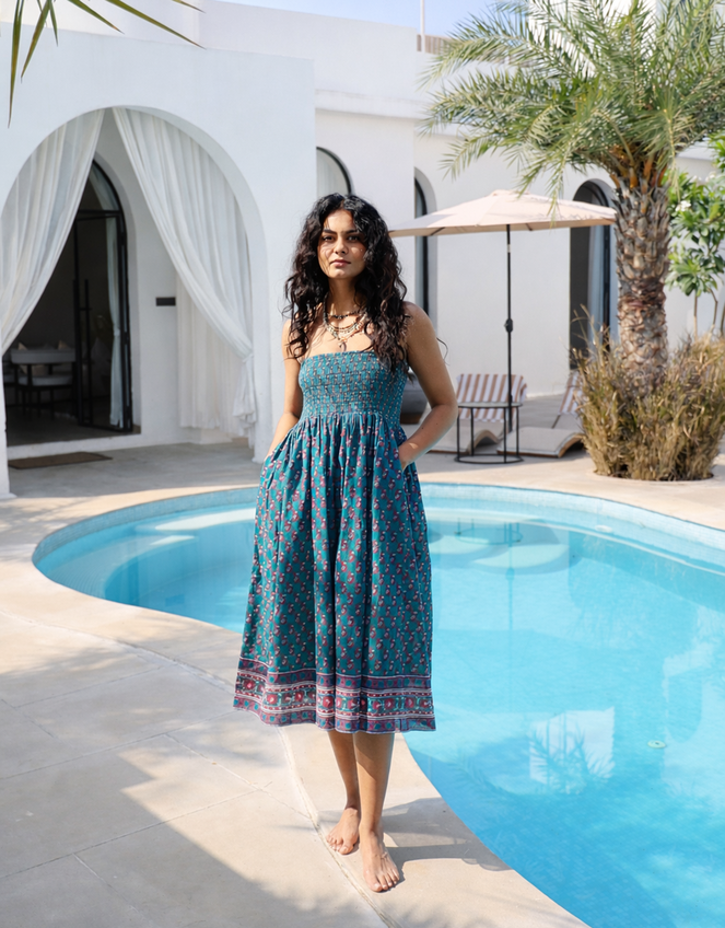 Dilli Grey Kaya Smocked Block Print Midi Skirt, Teal (TEAL), large