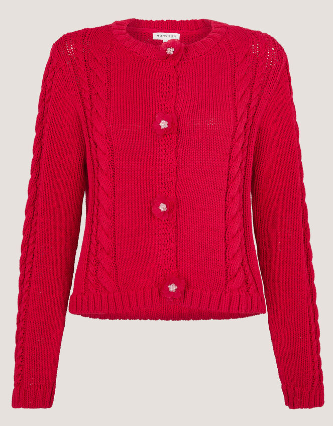 Kelly Flower Button Cable Knit Cardigan, Red (RED), large