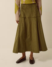 Macy Tie Side Faux Suede Midi Skirt, Green (KHAKI), large