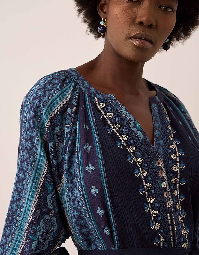East Gabriette Geometric Print Embroidered Dress, Blue (BLUE), large