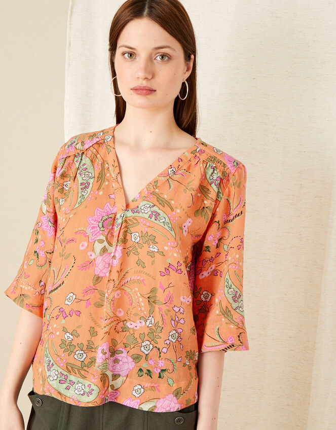 Paisley Print Top in Linen Blend, Orange (CORAL), large