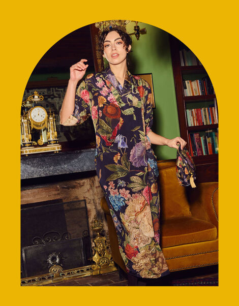 One Hundred Stars Primula Print Midi Dress, Black (BLACK), large