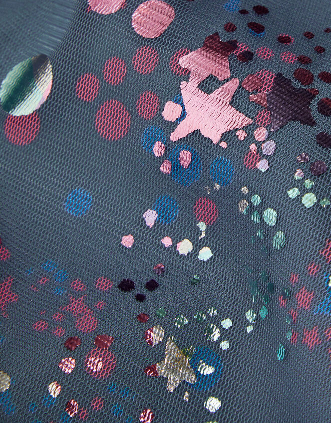 Frilly Sleeve Metallic Print Mesh Dress, Grey (GREY), large