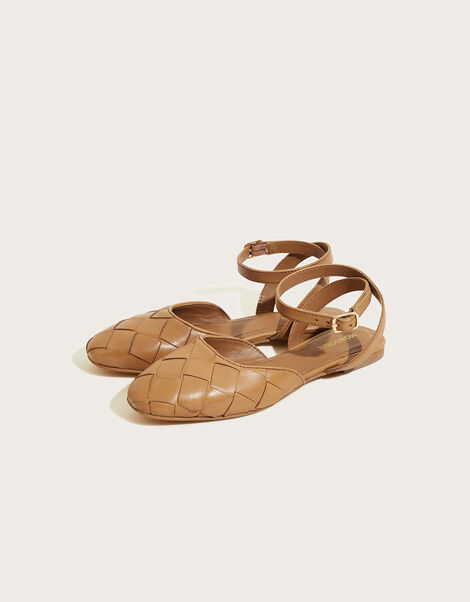 Slingback Cross Weave Leather Sandals Tan, Tan (TAN), large