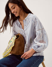 Maia Embroidered Stripe Blouse, Blue (BLUE), large