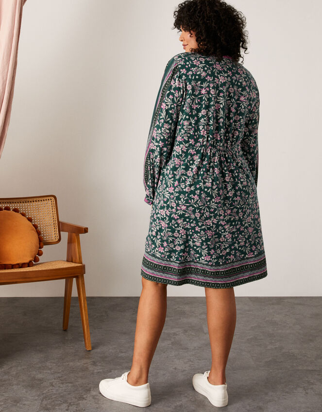Floral Print Bead Jersey Short Dress, Green (GREEN), large
