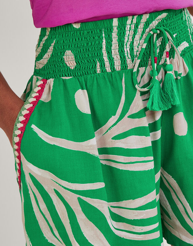 Palm Print Crochet Trim Shorts, Green (GREEN), large