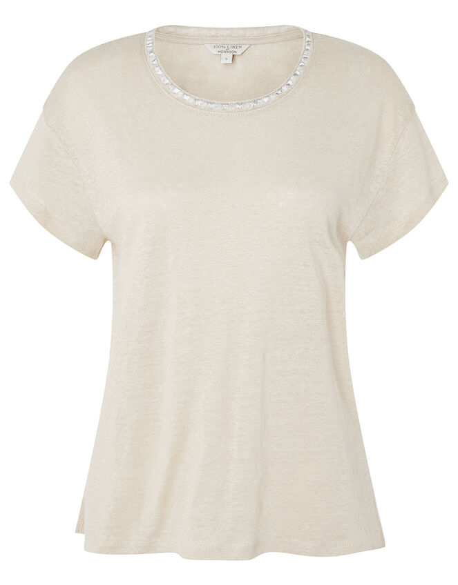 Scoop Neck T-Shirt in Pure Linen, Natural (STONE), large