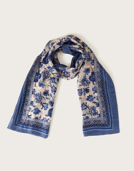 Floral Silk Beach Scarf Blue, Blue (BLUE), large