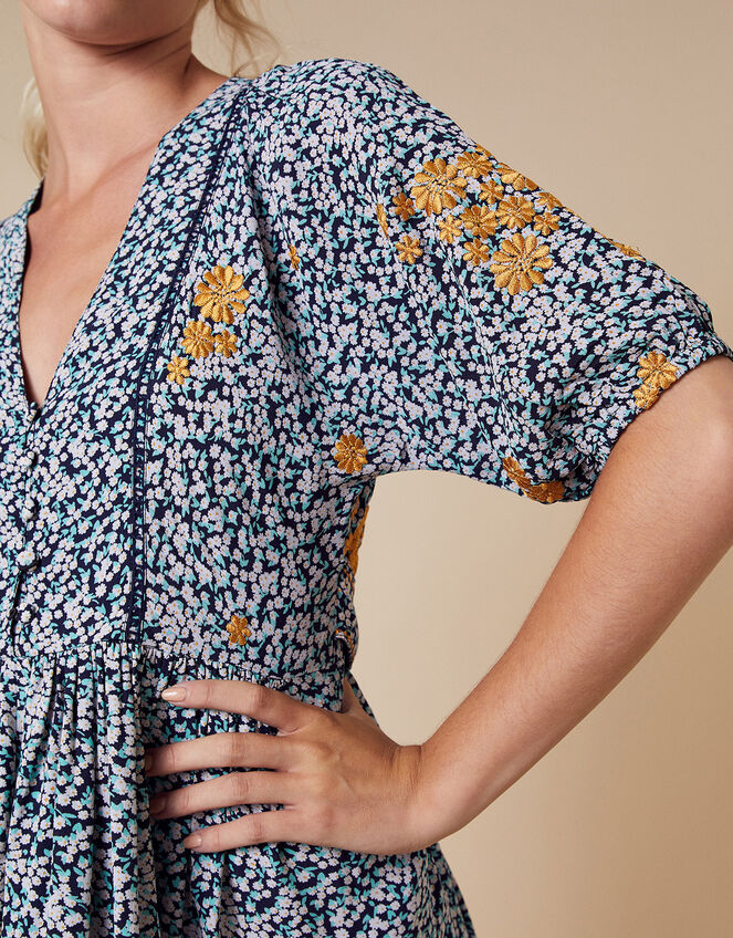 Ditsy Floral Embroidered Shirt Dress in Sustainable Viscose, Ivory (IVORY), large