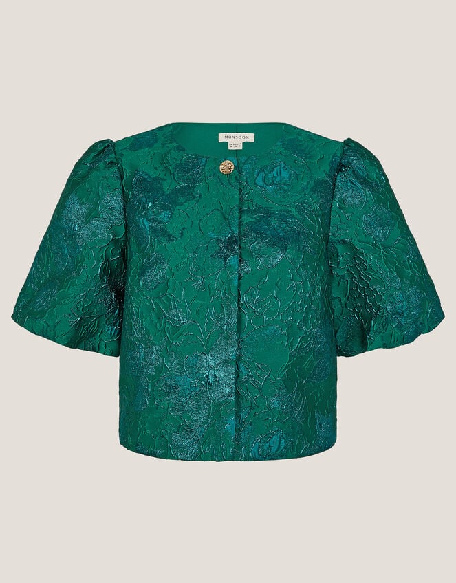 Jolene Floral Jacquard Puff Sleeve Jacket, Green (GREEN), large