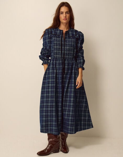 Ruth Check Corduroy Midi Dress, Blue (NAVY), large