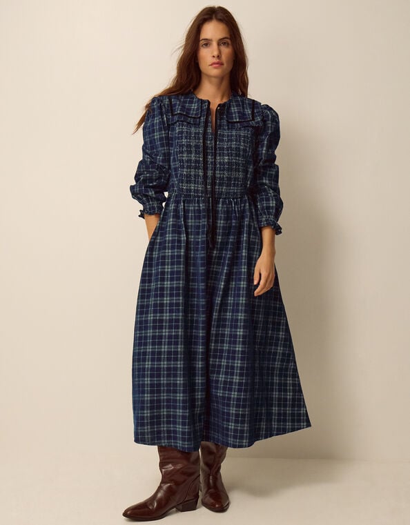 Ruth Check Corduroy Midi Dress, Blue (NAVY), large