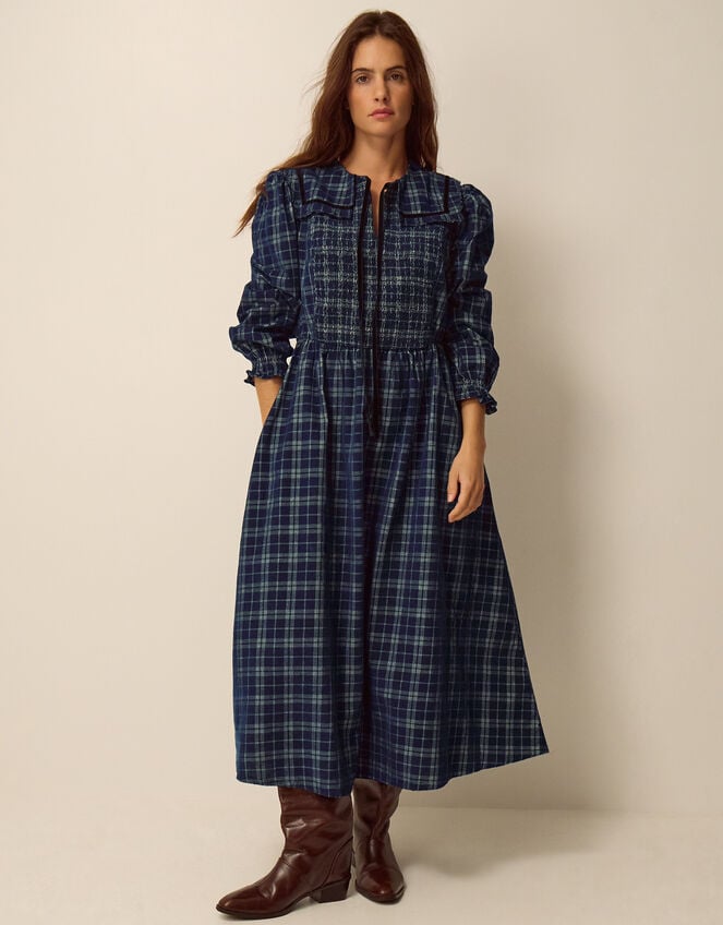 Ruth Check Corduroy Midi Dress, Blue (NAVY), large