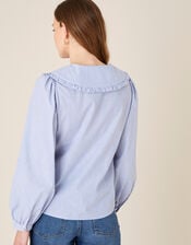 Frill Collar Stripe Poplin Shirt, Blue (BLUE), large
