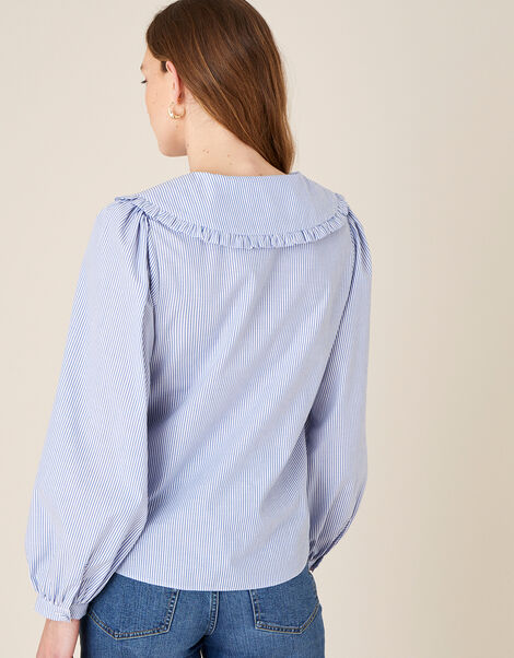 Frill Collar Stripe Poplin Shirt Blue, Blue (BLUE), large