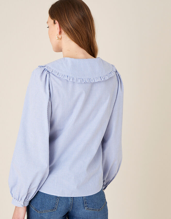 Frill Collar Stripe Poplin Shirt, Blue (BLUE), large