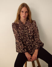 Monsoon x Queens of Archive Lila Tie Neck Leopard Print Blouse​, Brown (BROWN), large