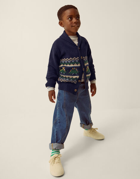 Dinosaur Fair Isle Cardigan, Blue (NAVY), large