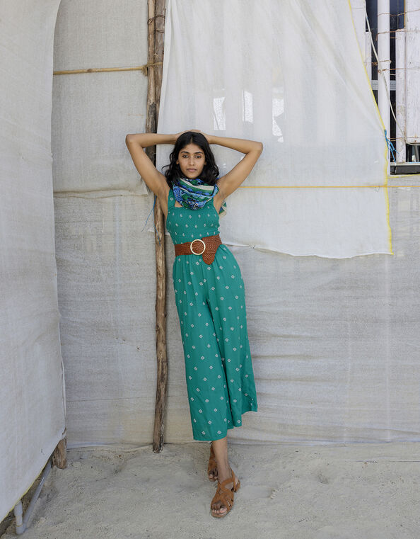 Geometric Print Cut-Out Jumpsuit in LENZING™ ECOVERO™, Green (GREEN), large