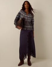 Fleur Floral Fair Isle Crew Neck Cardigan, Grey (GREY), large