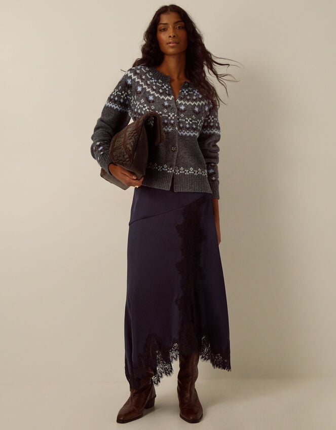 Fleur Floral Fair Isle Crew Neck Cardigan, Grey (GREY), large