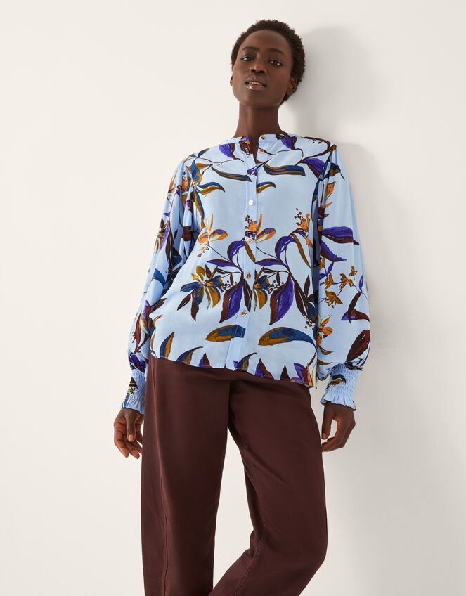 Sonya Floral Print Flowy Shirt, Blue (BLUE), large