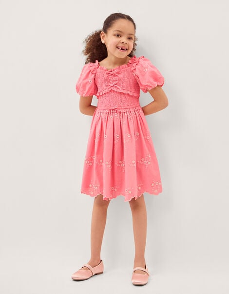 Embroidered Puff Sleeve Smocked Dress, Pink (PINK), large