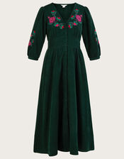 Embroidered Corduroy Tiered Midi Dress, Green (GREEN), large