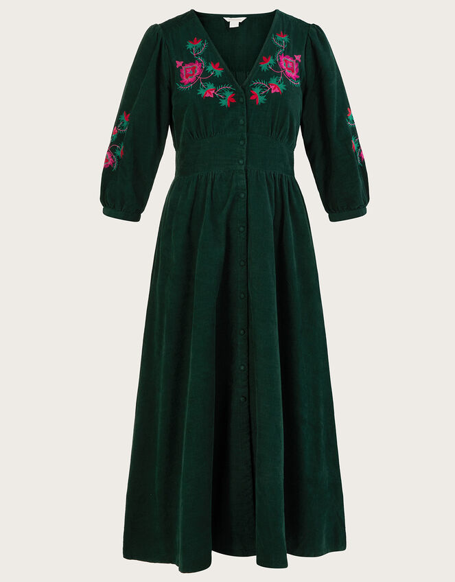 Embroidered Corduroy Tiered Midi Dress, Green (GREEN), large