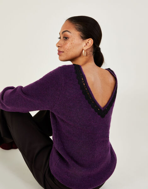 V-Neck Lace Edge Jumper with Recycled Polyester Purple, Purple (PURPLE), large