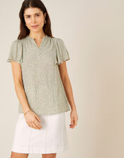 Daisy Print Short Sleeve Blouse, Green (GREEN), large