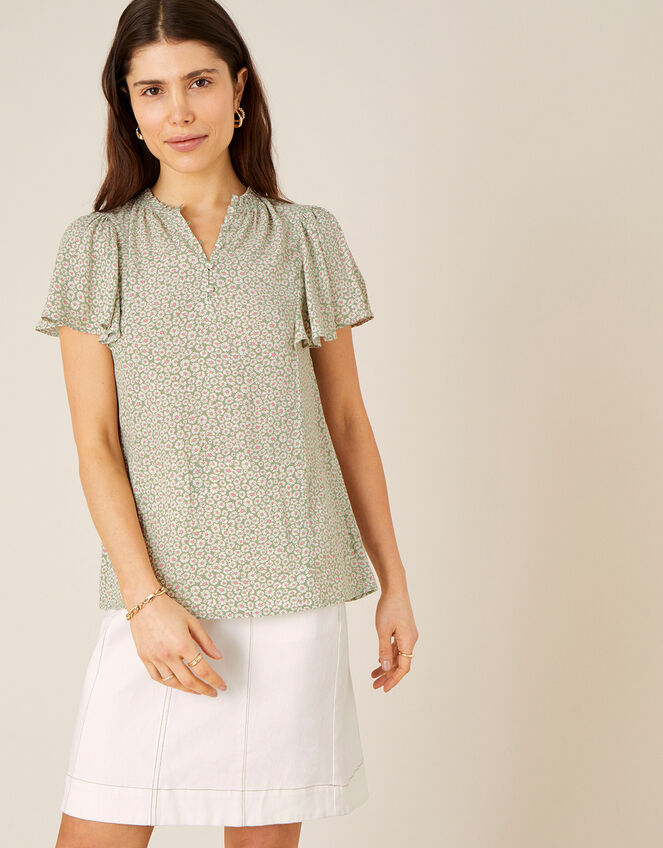Daisy Print Short Sleeve Blouse, Green (GREEN), large
