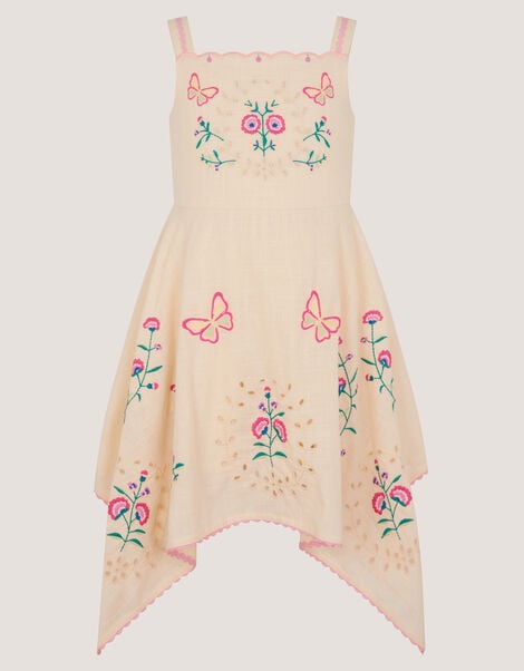 Butterfly Embroidered Hanky Hem Dress, Ivory (IVORY), large