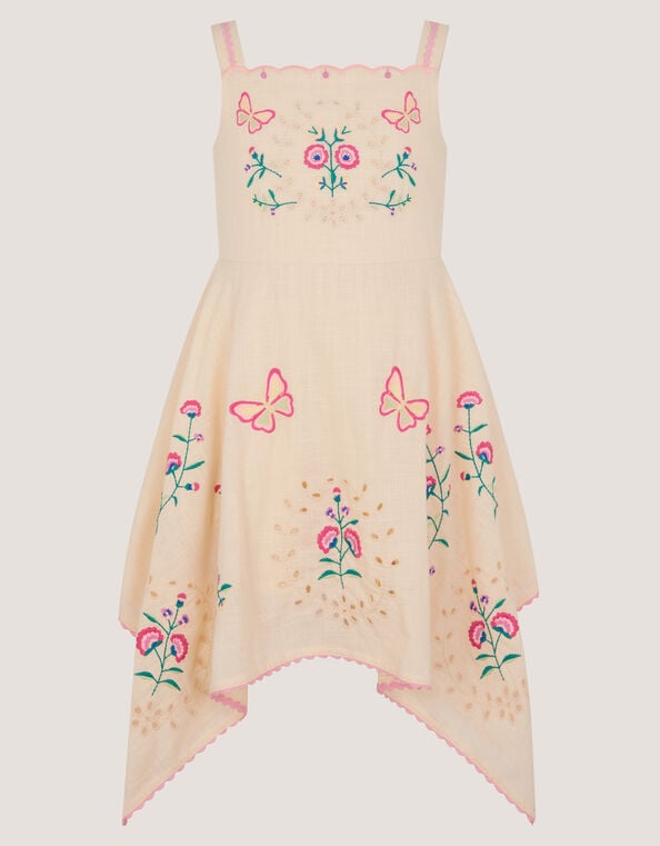 Butterfly Embroidered Hanky Hem Dress, Ivory (IVORY), large