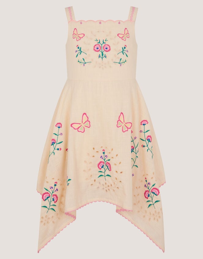 Butterfly Embroidered Hanky Hem Dress, Ivory (IVORY), large