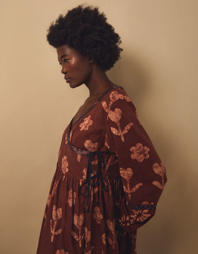 East Zena Hand-Batik Midi Wrap Dress, Brown (BROWN), large