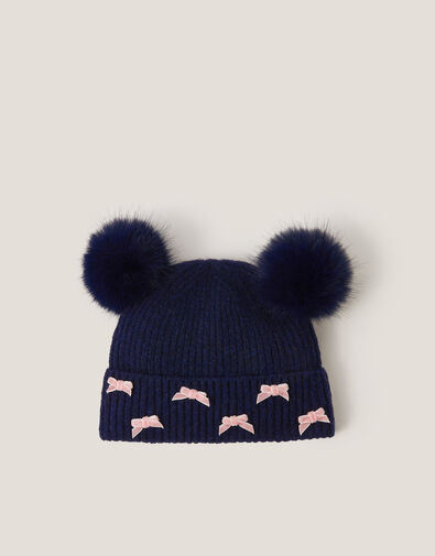 Fluffy Pom Bow Beanie Hat, Blue (NAVY), large