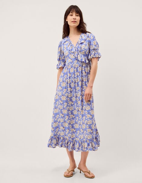 Sian Floral Print Ruffle Midi Dress, Blue (BLUE), large