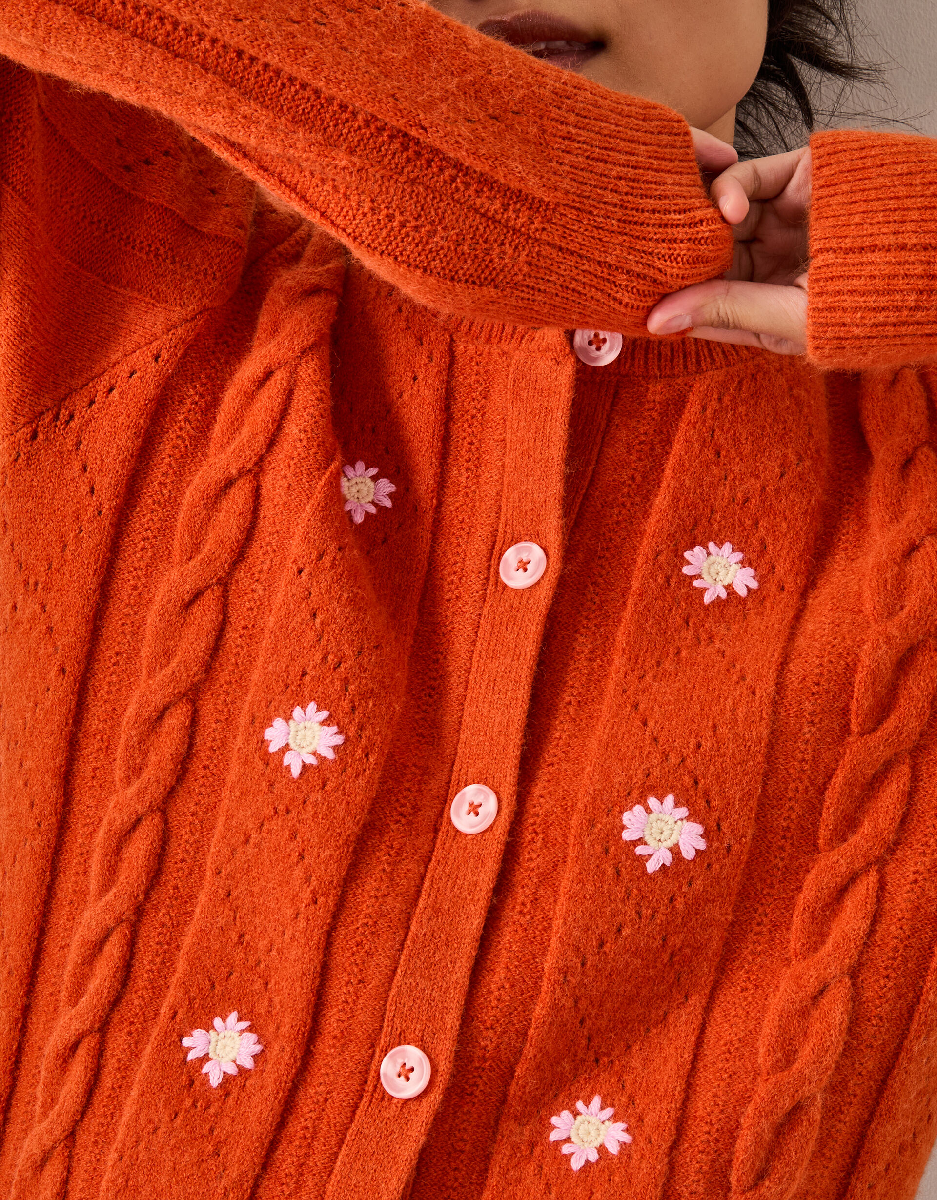 Enya Floral Cable Knit Cardigan Orange | Cardigans | Monsoon Global.