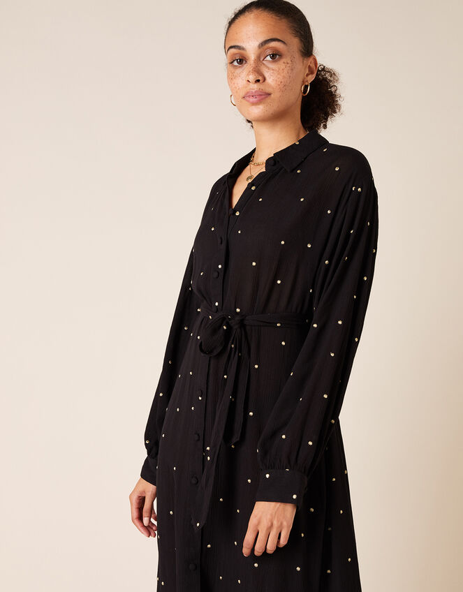 Embroidered Spot Midi Shirt Dress, Black (BLACK), large