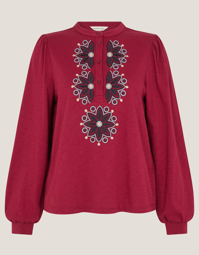Esme Embroidered Jersey Blouse, Red (BURGUNDY), large