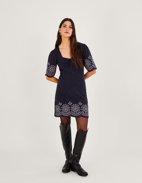 Broderie Angel Sleeve Short Dress in Sustainable Cotton, Blue (NAVY), large