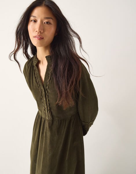 Zola Ric Rac Corduroy Midi Dress, Green (KHAKI), large