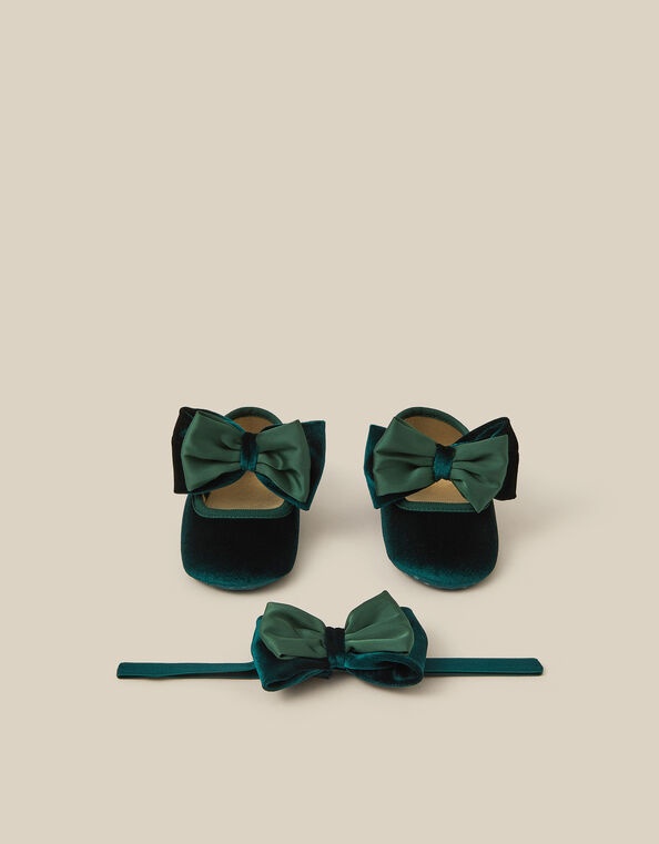 Baby Bow Velvet Booties & Headband Set, Green (GREEN), large
