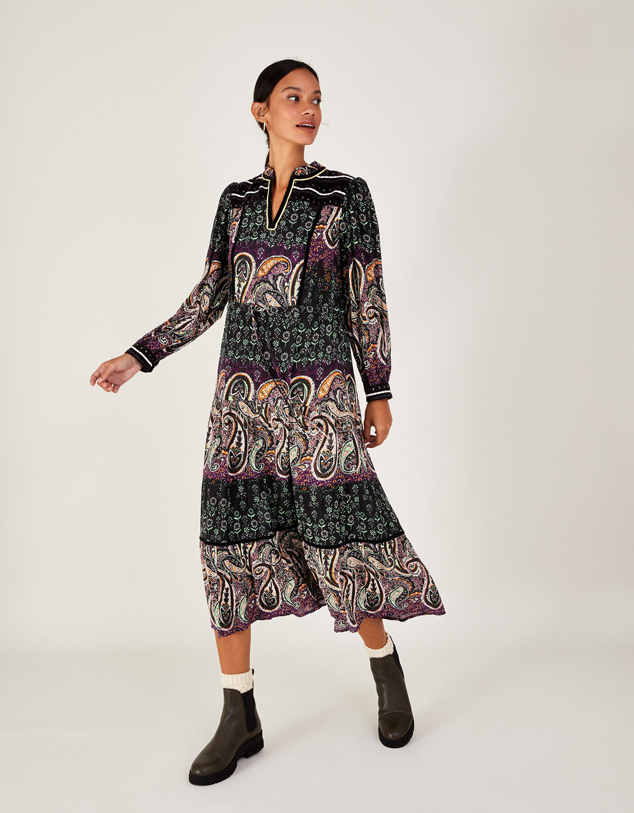 Paisley Print Embroidered Dress in LENZING ECOVERO Black